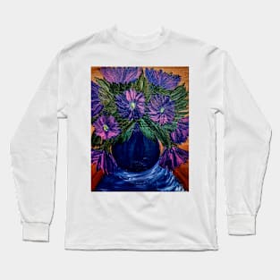 Purple carnations flowers in a blue and silver metallic vase. Long Sleeve T-Shirt